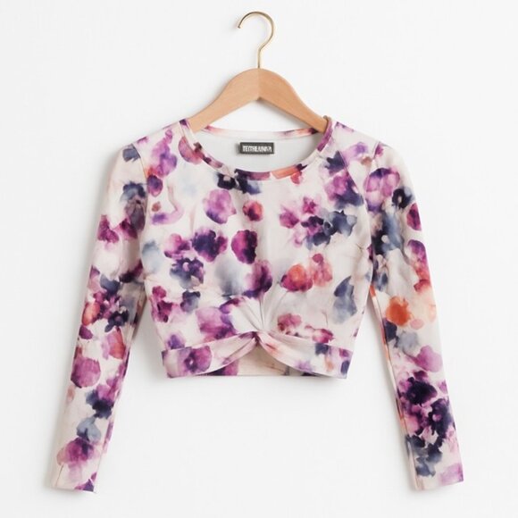ATHLETA Floral Front-Knot Cropped Long-Sleeve Rash Guard Top - Size Medium - Picture 1 of 5